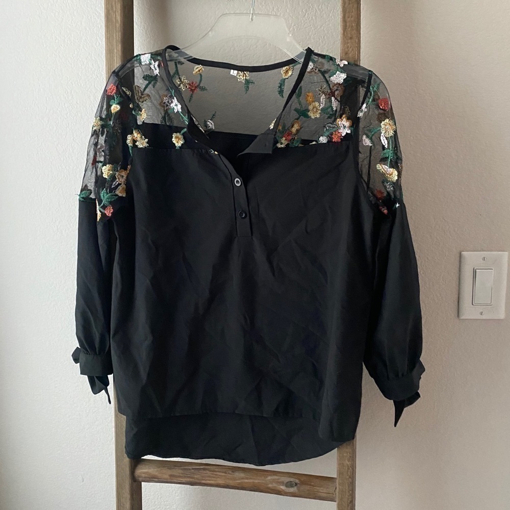 Black blouse size M - embroidered floral detailing